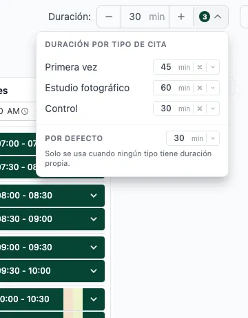 Panel Duración con la lista de tipos de cita y la fila Por defecto al final.