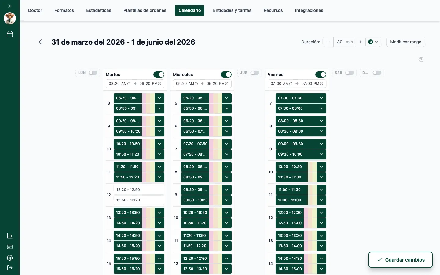 Editor de horarios con los siete días de la semana y la rejilla de casillas dentro de cada uno.