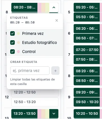 Menú de etiquetas abierto debajo de una casilla con la lista de tipos de cita y casillas de selección.