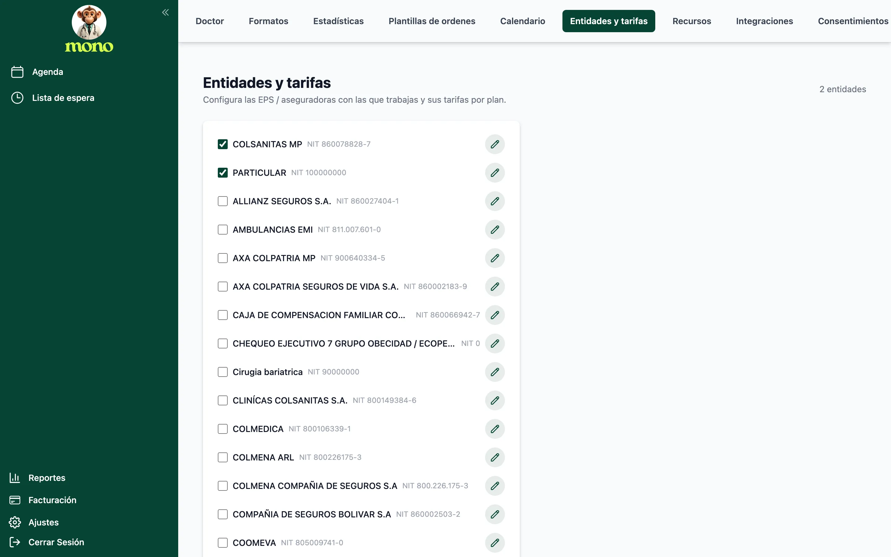 Lista de entidades: cada fila con checkbox, nombre, NIT y el lápiz para abrir el detalle. COLSANITAS MP y PARTICULAR están marcadas.