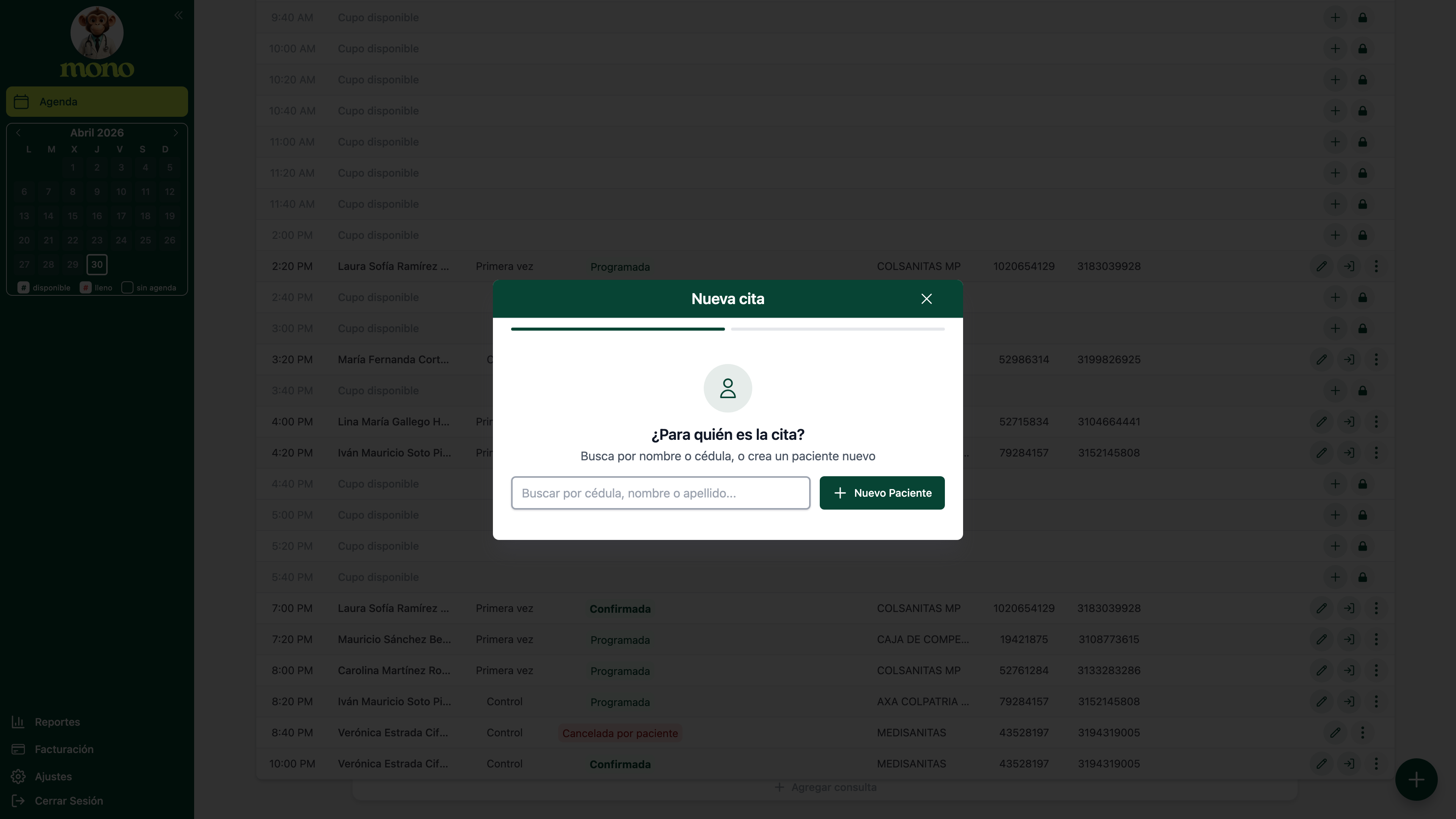 Pantalla Nueva cita con el buscador de paciente y el botón Nuevo Paciente.