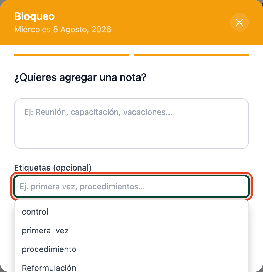 Campo Etiquetas (opcional) resaltado, con el desplegable abierto mostrando los tipos de cita configurados.