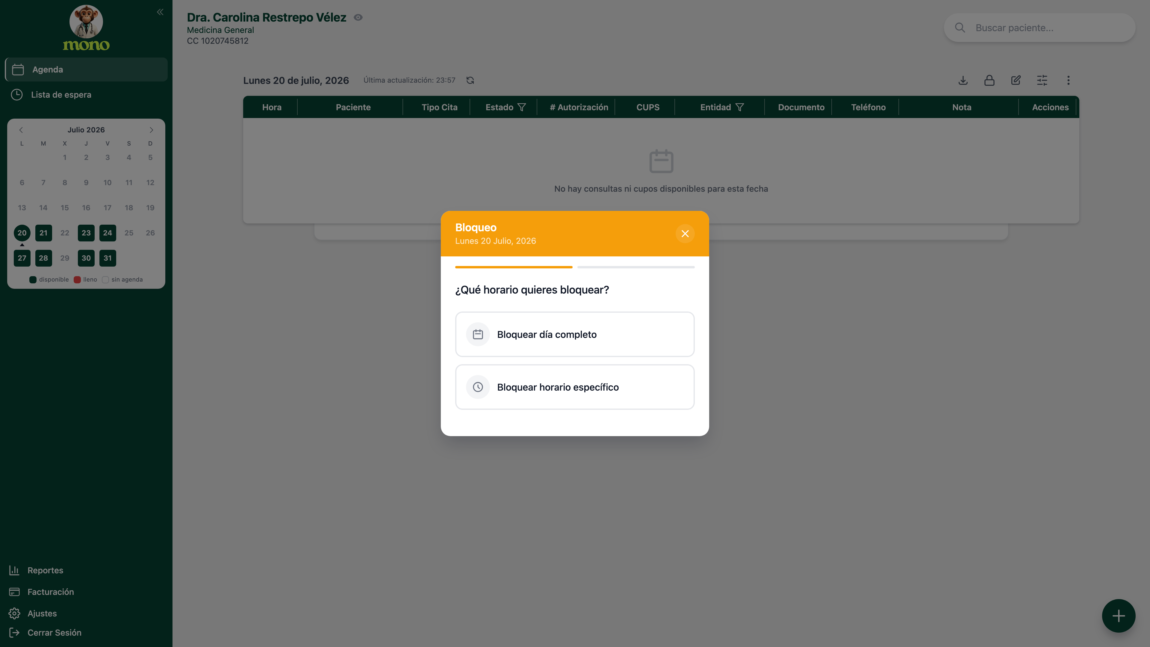 Modal Bloqueo con las opciones Bloquear día completo y Bloquear horario específico.