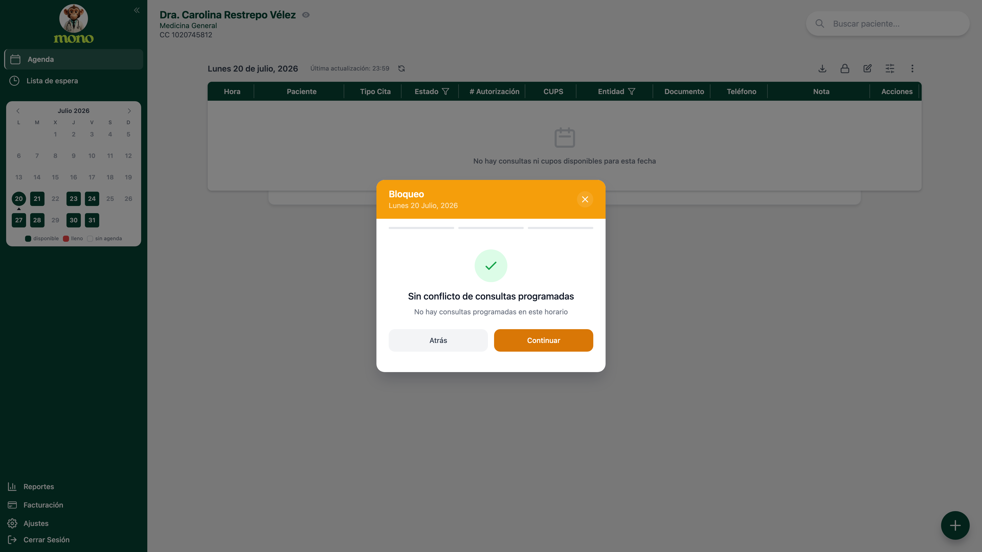 Paso de verificación con el mensaje Sin conflicto de consultas programadas.