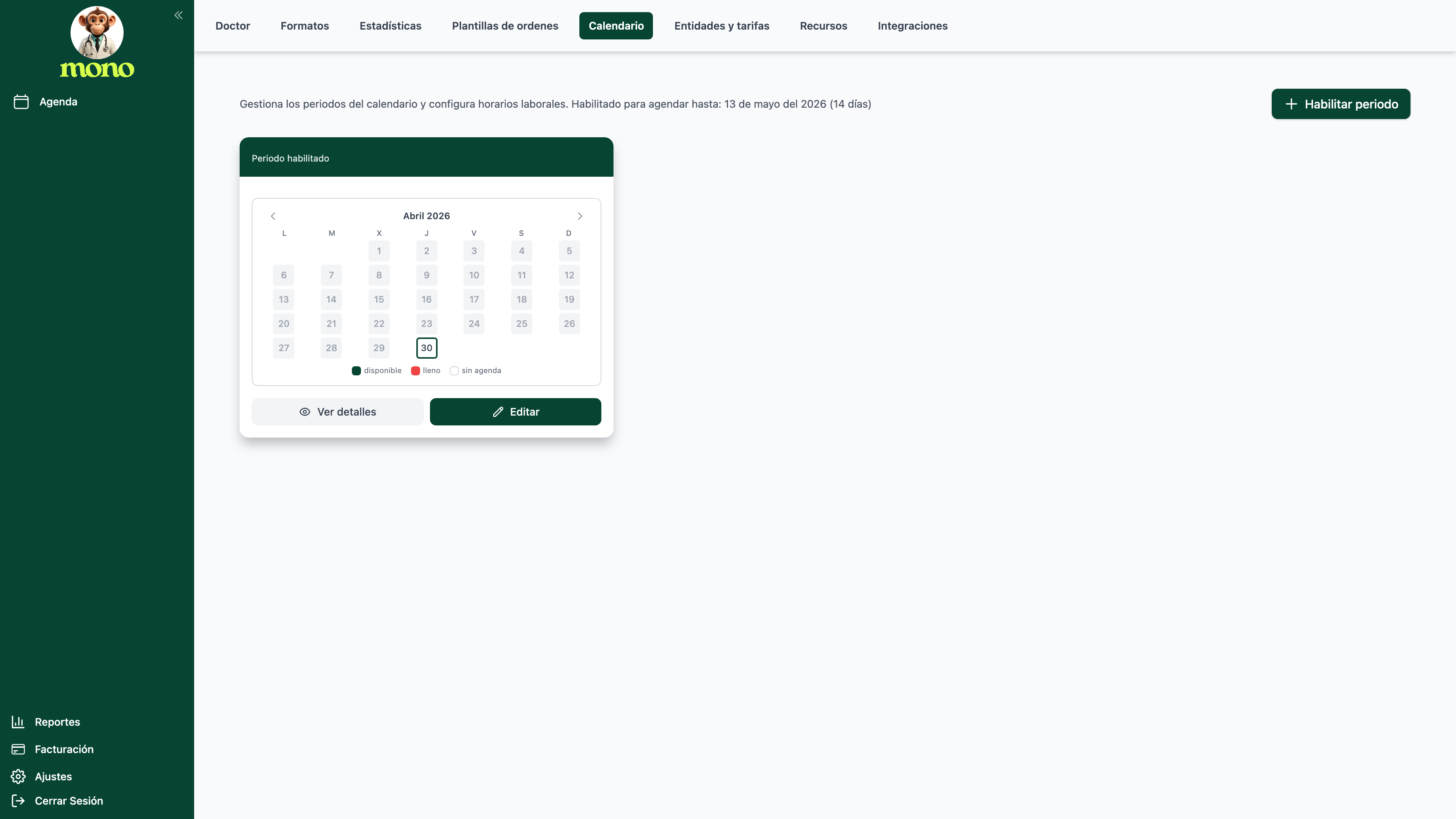 Pantalla Ajustes Calendario con tres tarjetas de periodos y el botón Habilitar periodo.