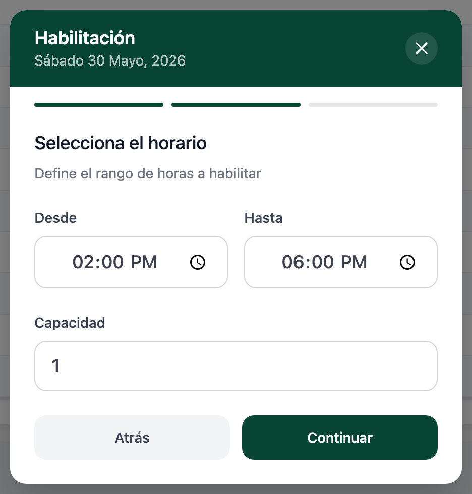 Modal Habilitación abierto en una tarde de sábado, con Desde 14:00, Hasta 18:00 y Capacidad 1.