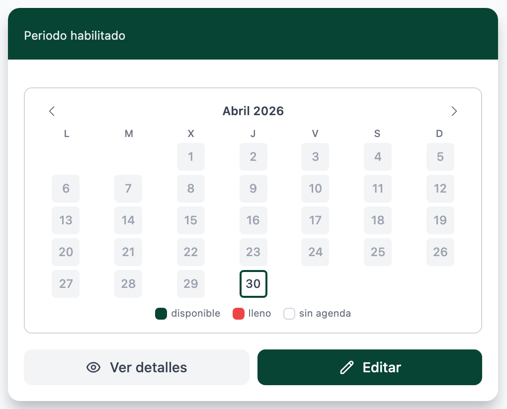 Tarjeta de un periodo habilitado con rango, mini-calendario, leyenda y los botones Ver detalles y Editar.