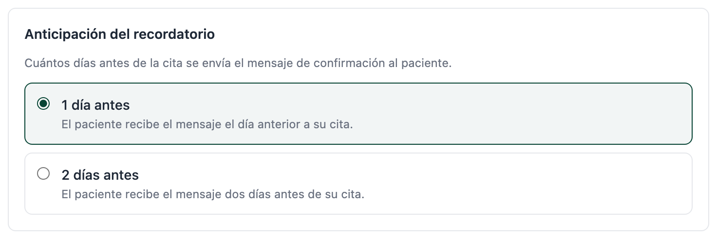 Tarjeta "Anticipación del recordatorio" con la pregunta "Cuántos días antes de la cita se envía el mensaje de confirmación al paciente." y las opciones "1 día antes" (seleccionada) y "2 días antes".