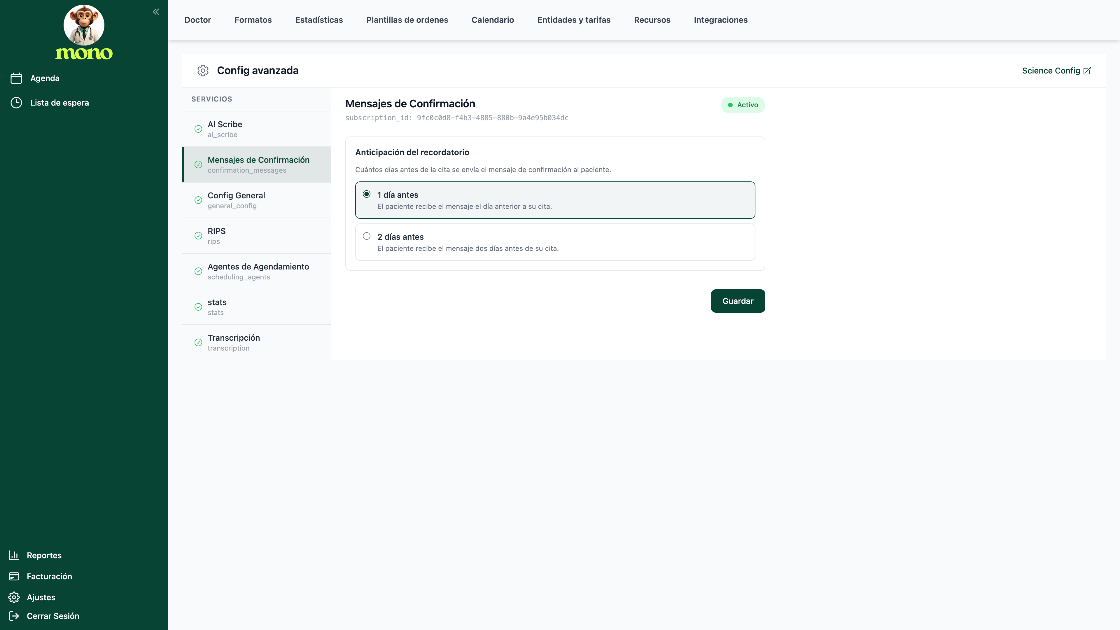 Pantalla de Config avanzada con "Mensajes de Confirmación" seleccionada a la izquierda y la sección "Anticipación del recordatorio" a la derecha, con las dos opciones de radio.