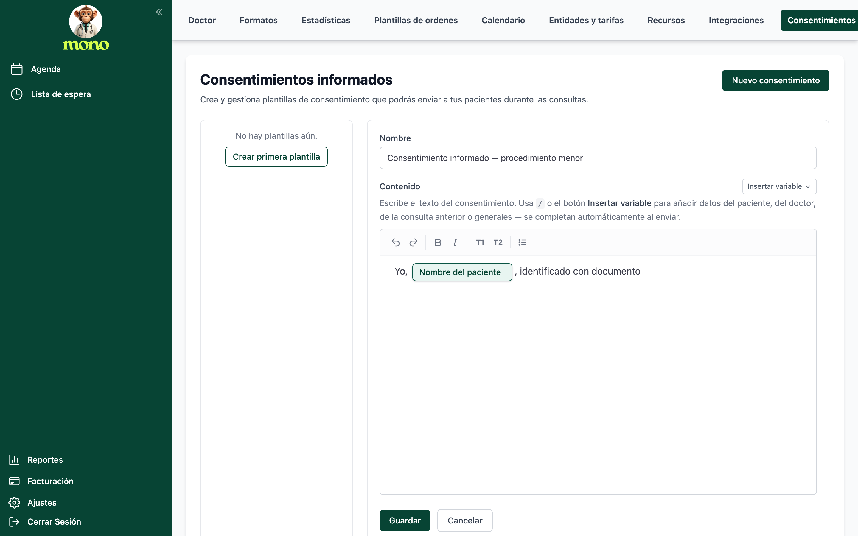 Editor con la etiqueta verde Nombre del paciente insertada dentro de la frase