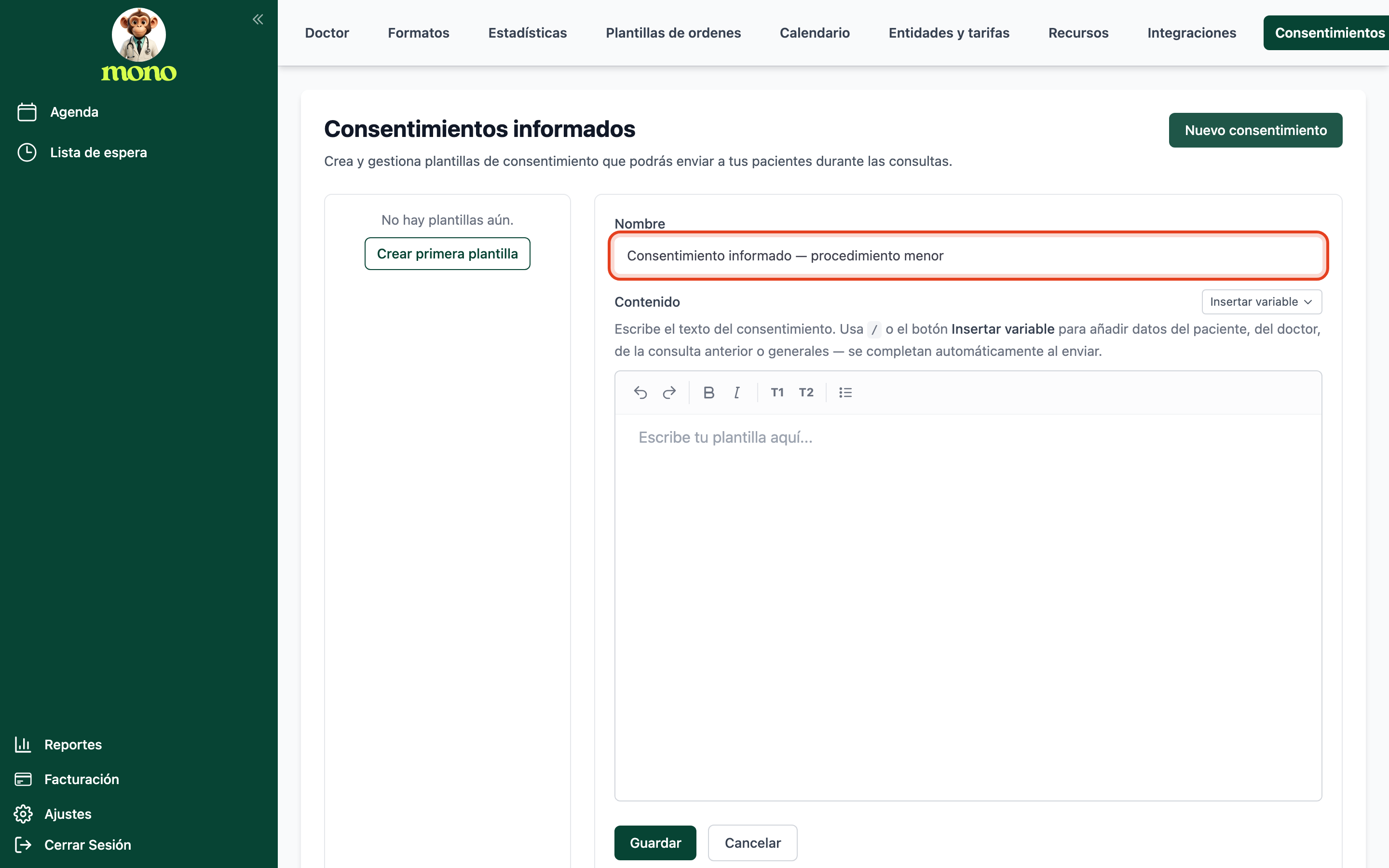 Editor de la plantilla con el campo Nombre resaltado y lleno