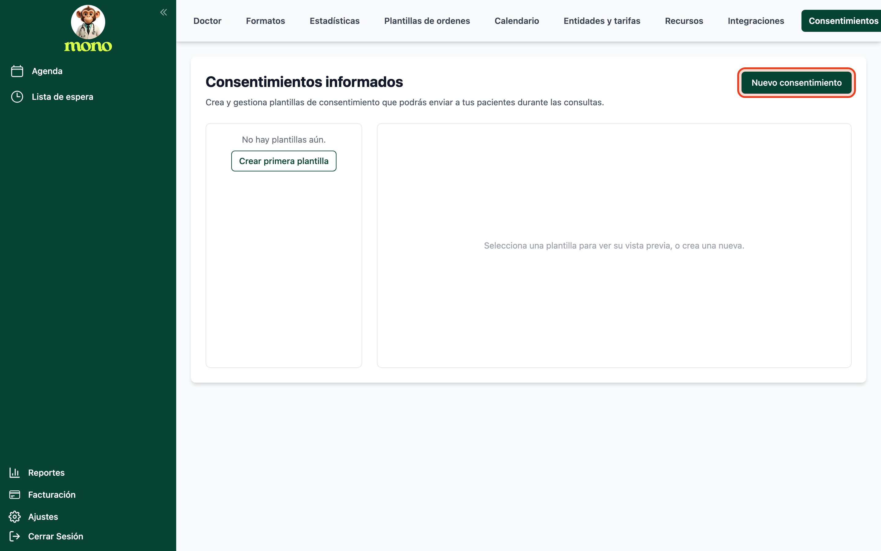 Pantalla de Ajustes › Consentimientos con el botón para agregar un consentimiento nuevo resaltado