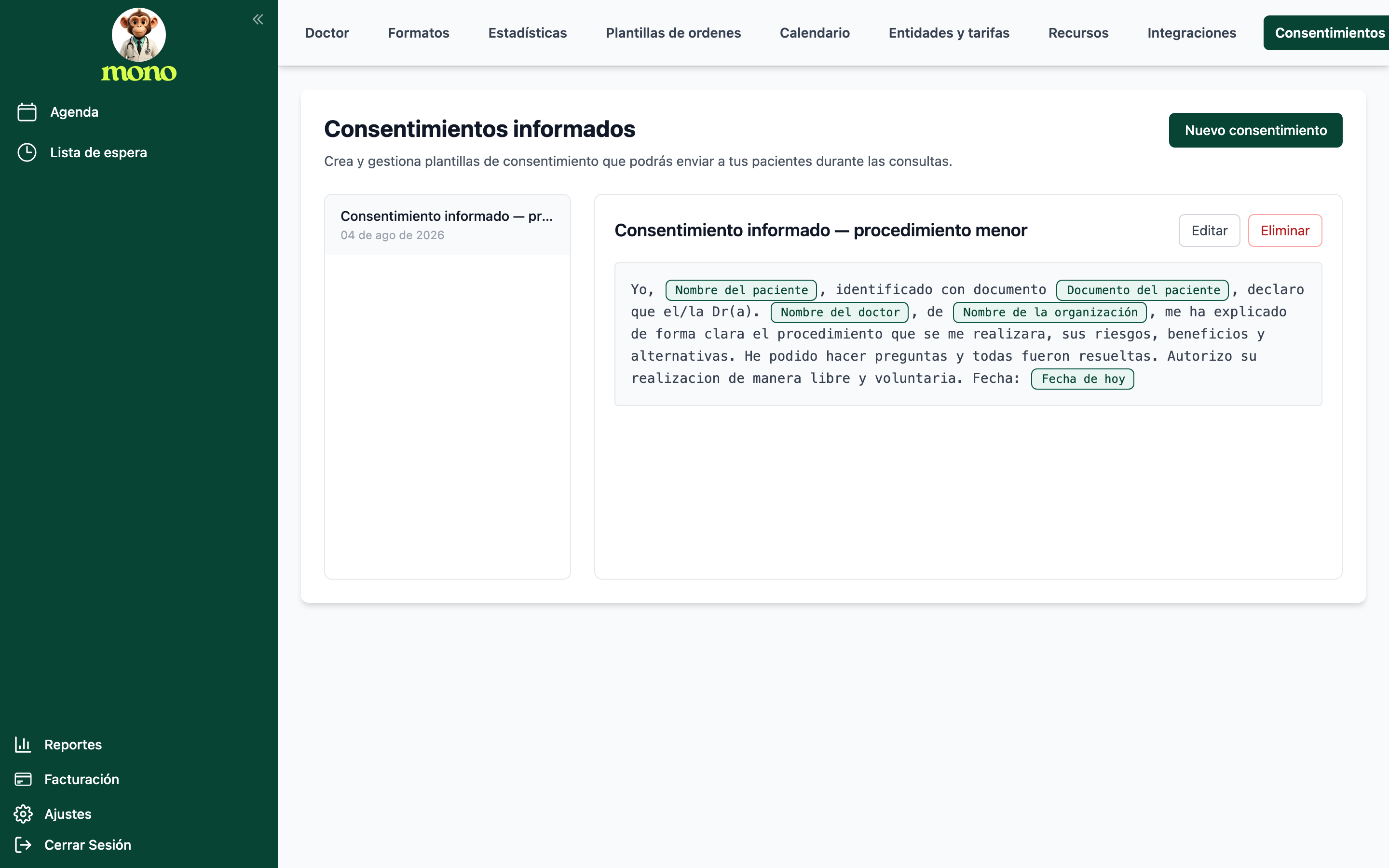 Vista previa de una plantilla guardada, con el texto y las etiquetas verdes de las variables, y los botones Editar y Eliminar arriba a la derecha