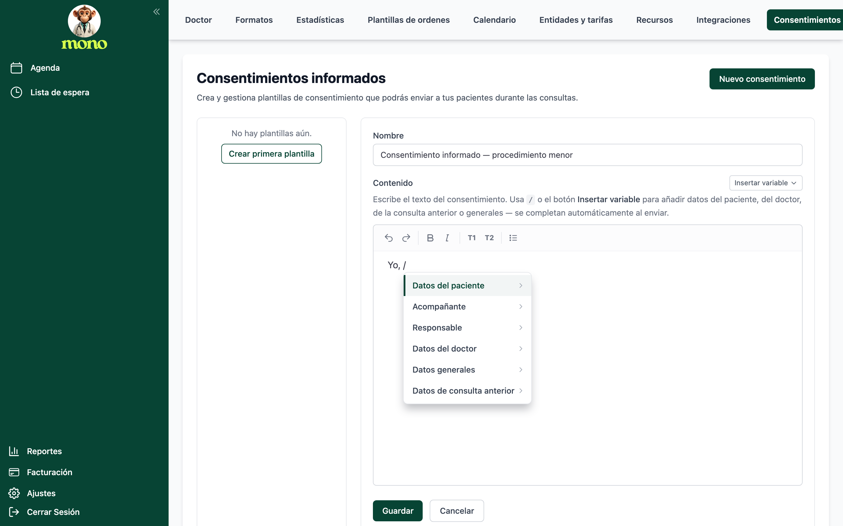 Editor con el menú de la tecla / abierto, mostrando los grupos Datos del paciente, Acompañante, Responsable, Datos del doctor, Datos generales y Datos de consulta anterior