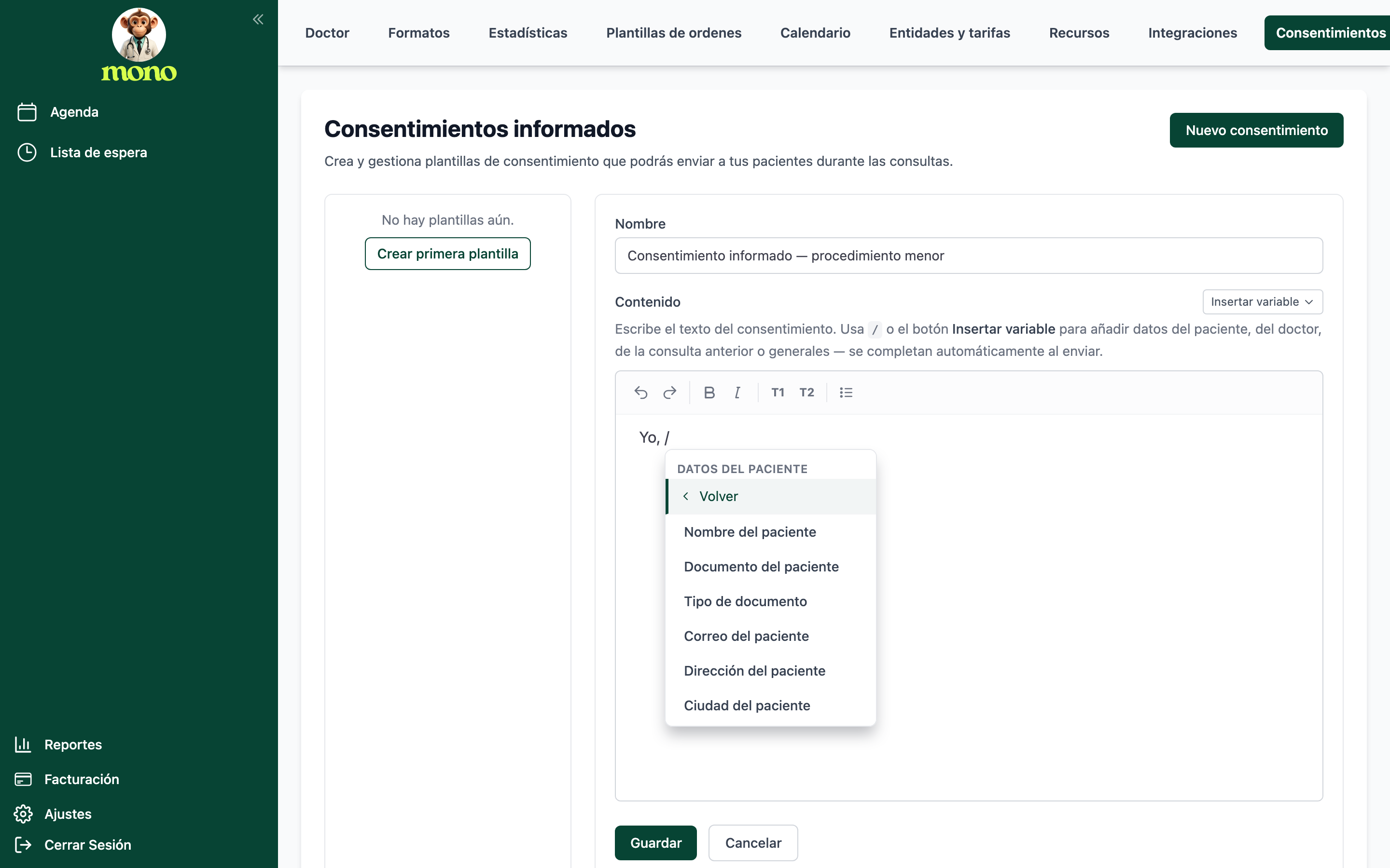 Menú mostrando las variables del grupo Datos del paciente: Nombre del paciente, Documento del paciente, Tipo de documento, Correo del paciente, Dirección del paciente y Ciudad del paciente