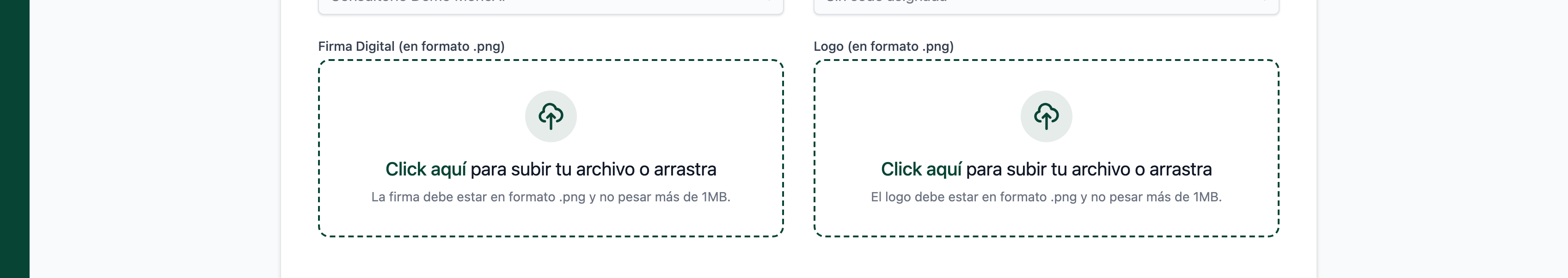 Cuadros punteados de Firma Digital (en formato .png) y Logo (en formato .png) — cada uno con icono de subida y texto "Click aquí para subir tu archivo o arrastra".