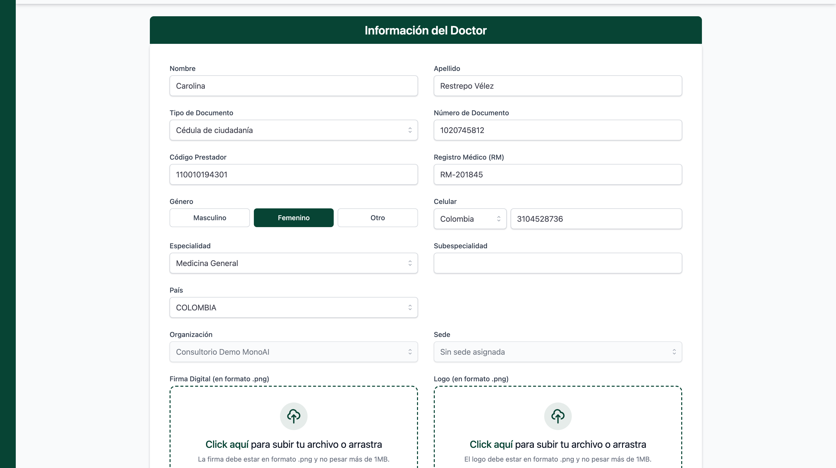 Formulario "Información del Doctor" con los campos Nombre, Apellido, Tipo y Número de Documento, Código Prestador, Registro Médico (RM), Género, Celular, Especialidad, Subespecialidad, País, Organización y Sede.