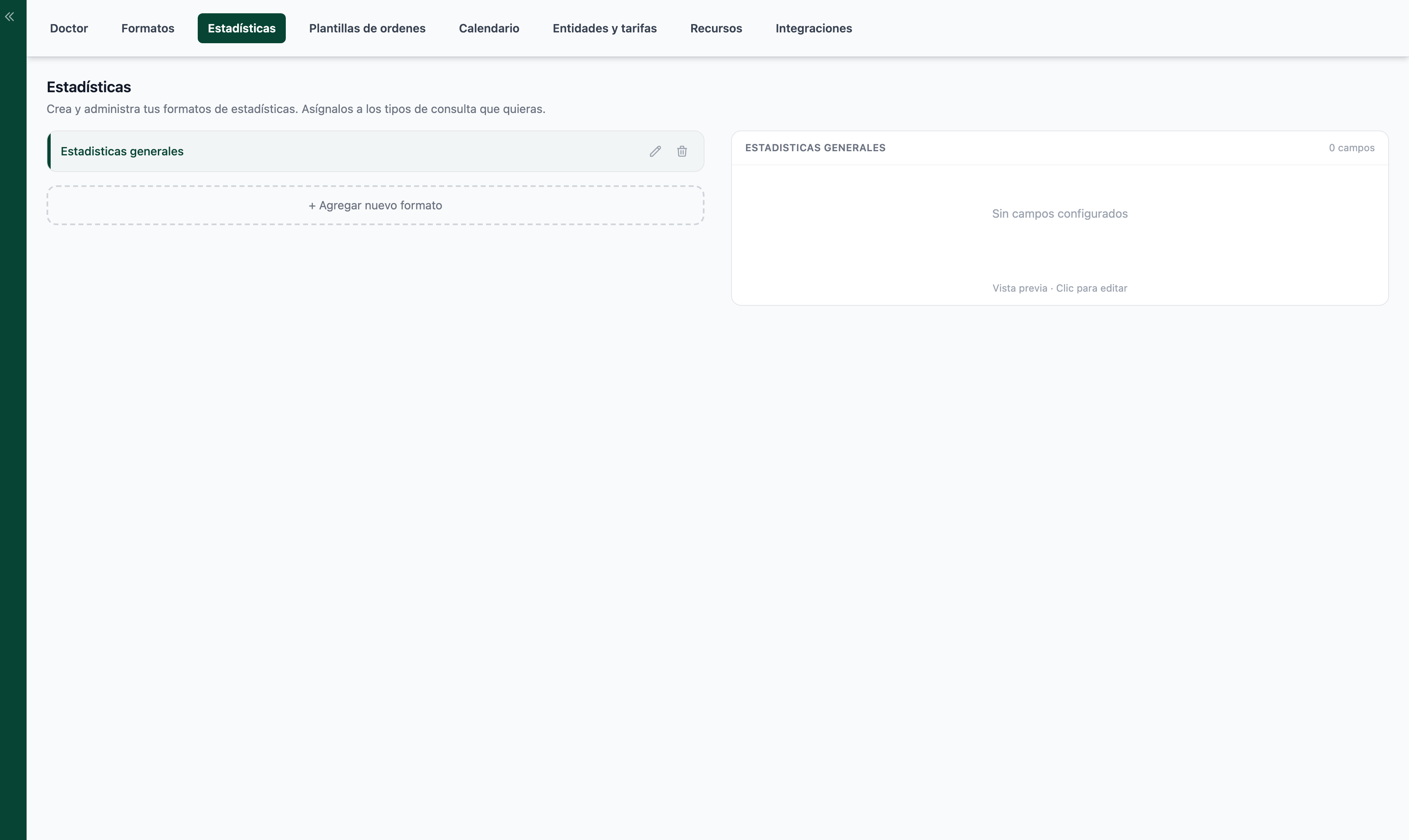 Pestaña Estadísticas con la lista de formatos y su vista previa.