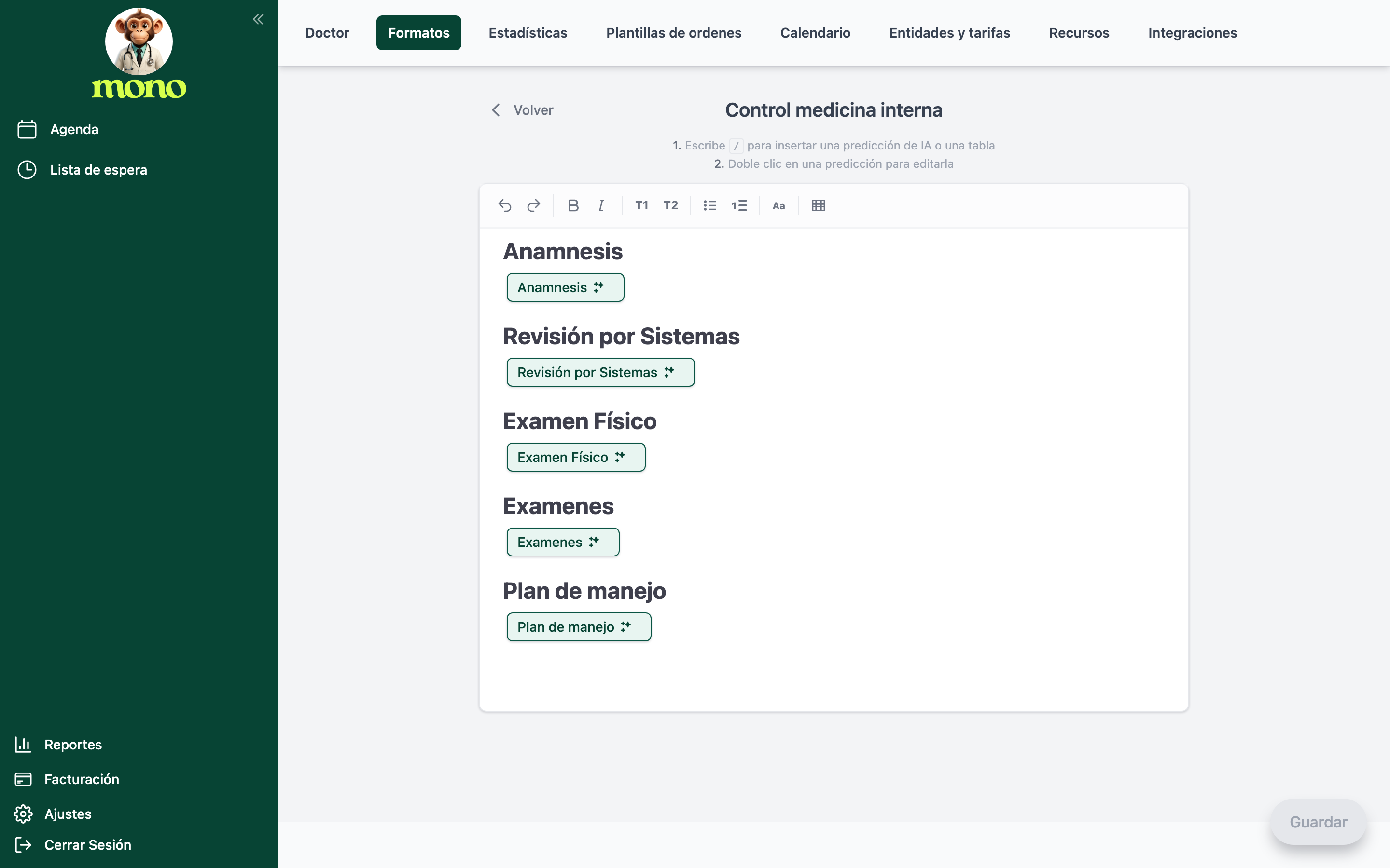 Editor de plantilla con el botón Volver arriba a la izquierda, el título del formato, las dos líneas de ayuda, la barra de herramientas, el lienzo con varios encabezados y predicciones, y el botón Guardar flotante abajo a la derecha.
