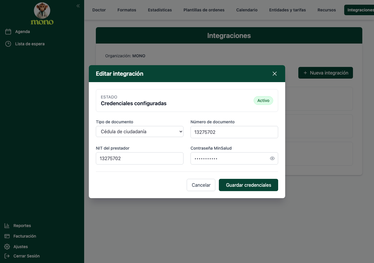 Modal Editar integración con los campos Tipo de documento, Número de documento, NIT del prestador y Contraseña MinSalud, y el botón Guardar credenciales.