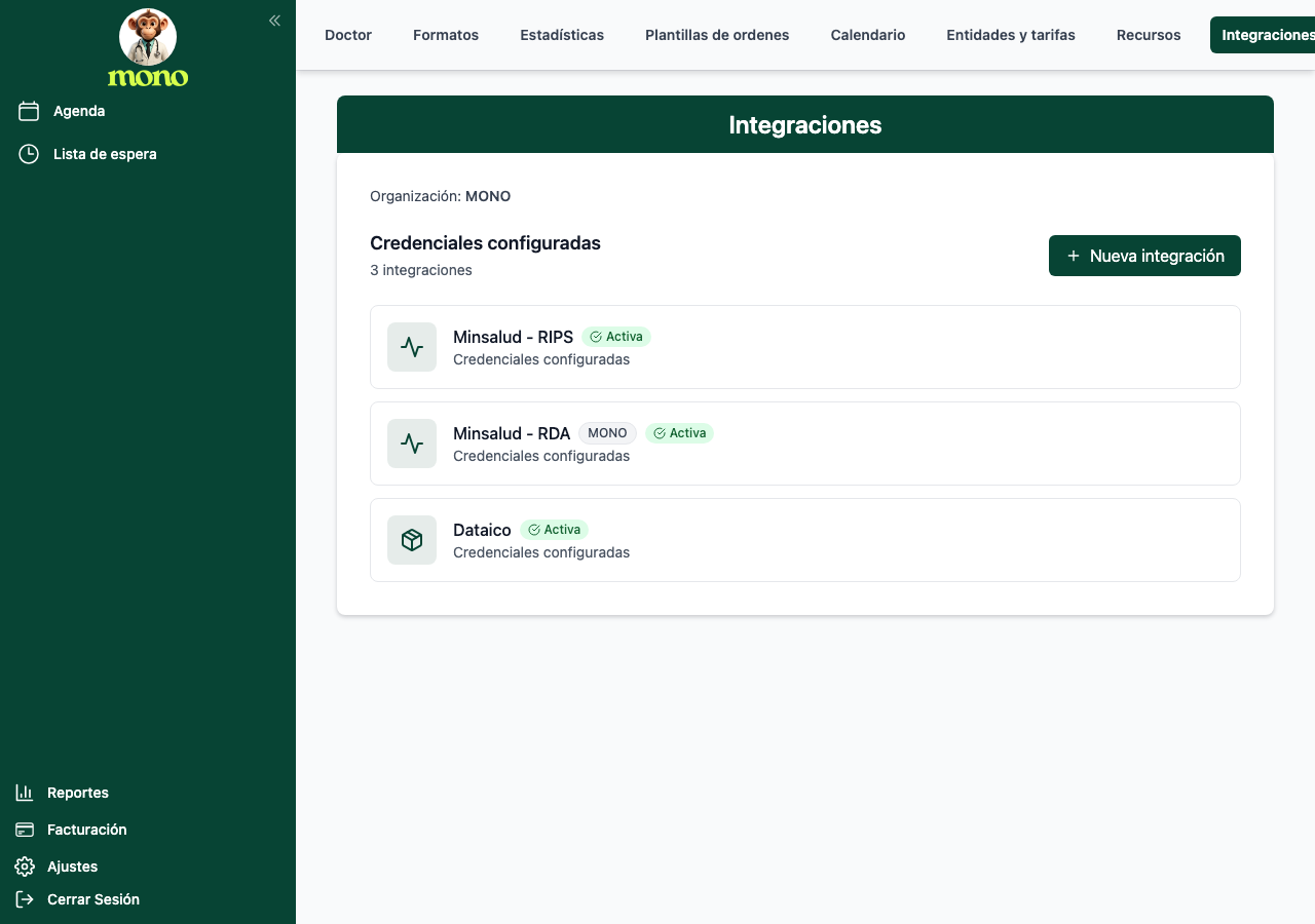 Pantalla Integraciones con las tarjetas Minsalud-RIPS, Minsalud-RDA y Dataico activas.