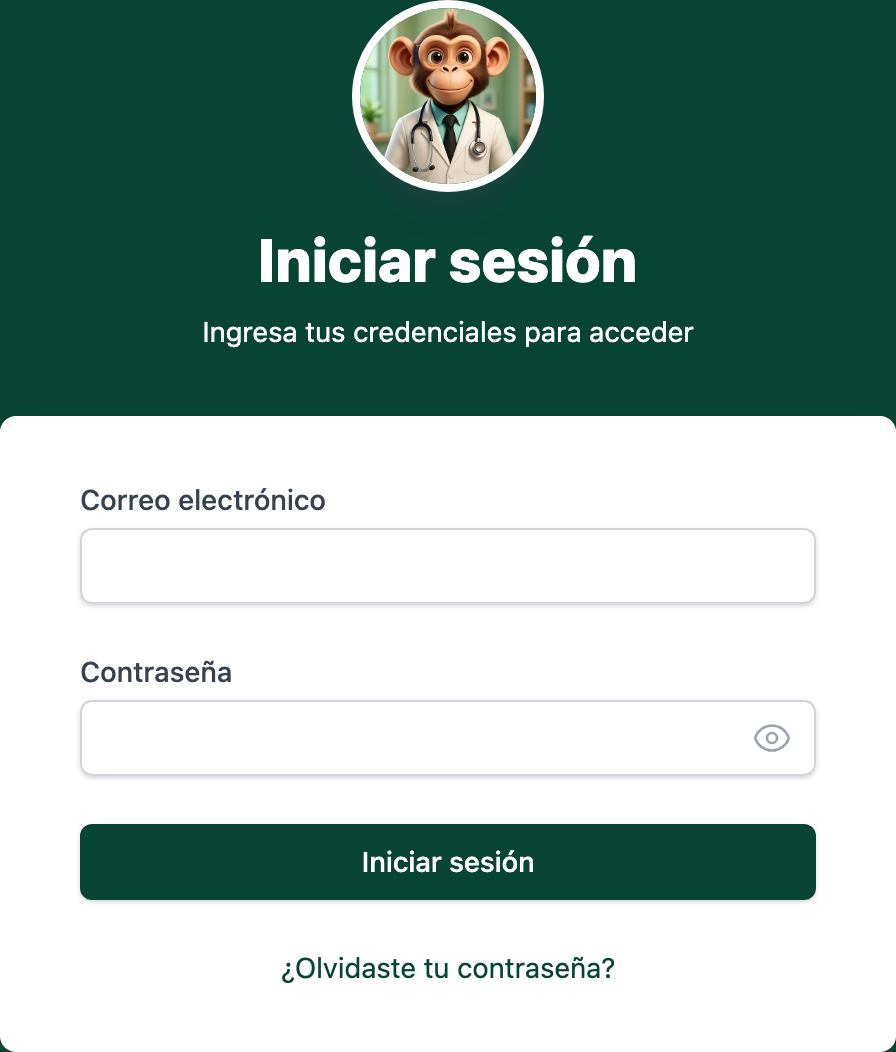 Pantalla de inicio de sesión de Mono — H1 "Iniciar sesión", subtítulo "Ingresa tus credenciales para acceder", campos Correo electrónico y Contraseña, botón Iniciar sesión y enlace ¿Olvidaste tu contraseña?