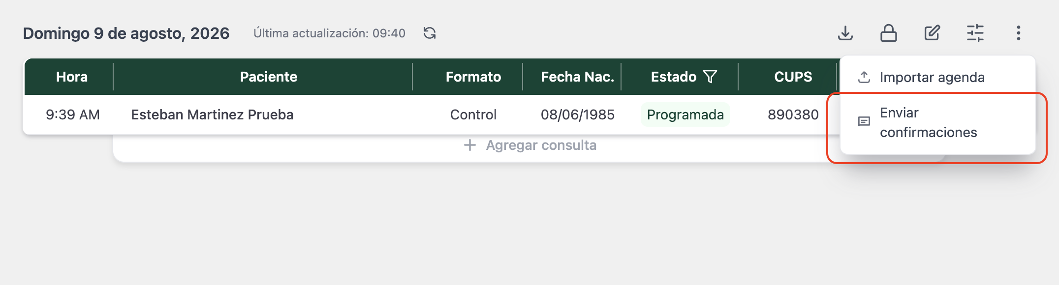 Menú de tres puntos de la agenda abierto, con las opciones Importar agenda y Enviar confirmaciones.