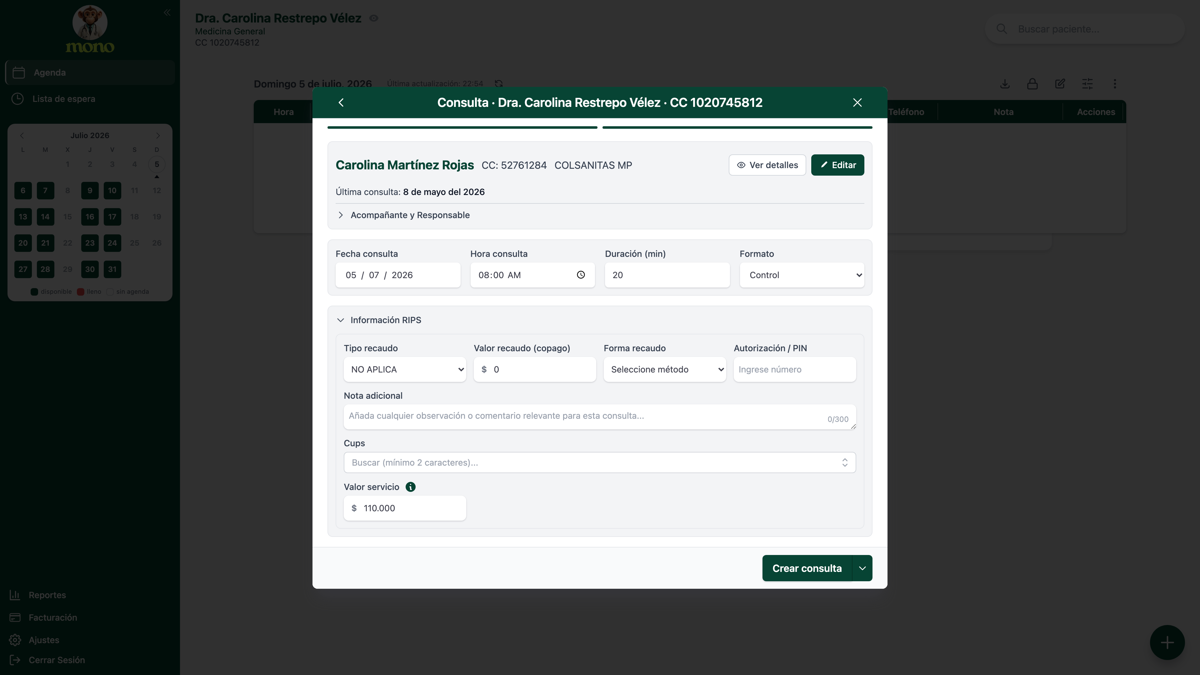Modal Consulta con los campos Fecha, Hora, Duración, Formato y la sección Información RIPS, con el botón Crear consulta abajo a la derecha