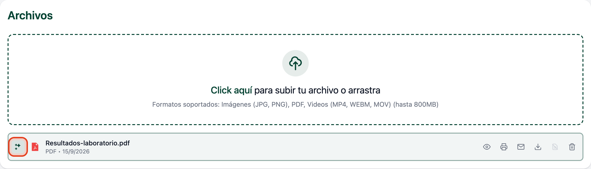 Fila de Resultados-laboratorio.pdf en la tarjeta Archivos con el ícono de chispas resaltado en verde y la fila con borde verde