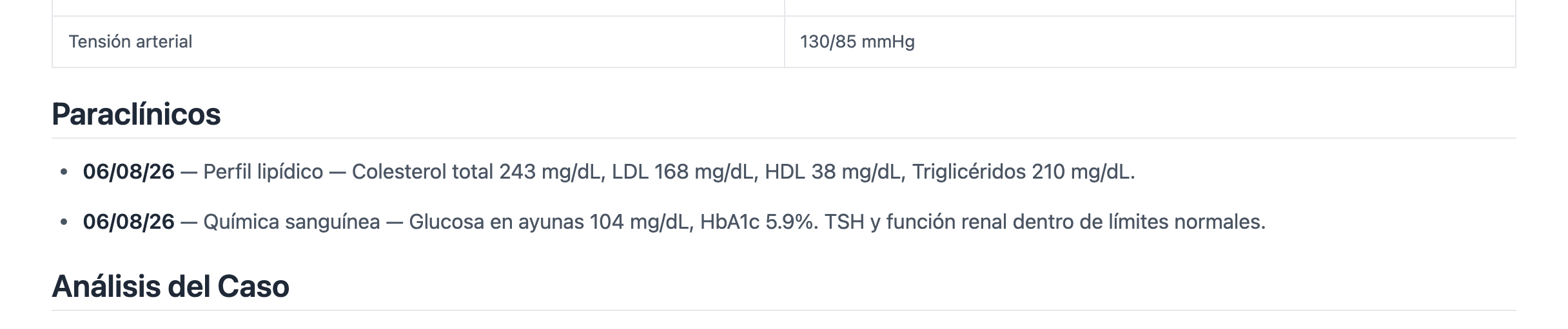 Sección Paraclínicos de la historia con dos líneas: perfil lipídico con colesterol total 243, LDL 168, HDL 38 y triglicéridos 210; y química sanguínea con glucosa 104 y HbA1c 5.9