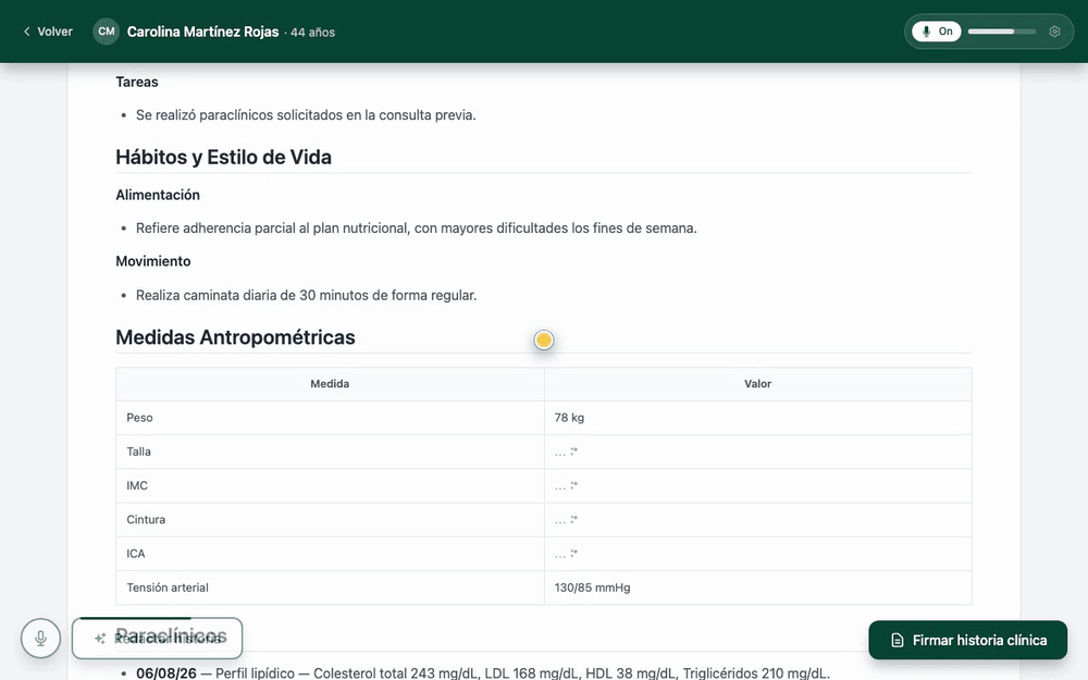 Recorrido por la historia redactada hasta la sección Paraclínicos, donde aparecen los valores del laboratorio que se subió