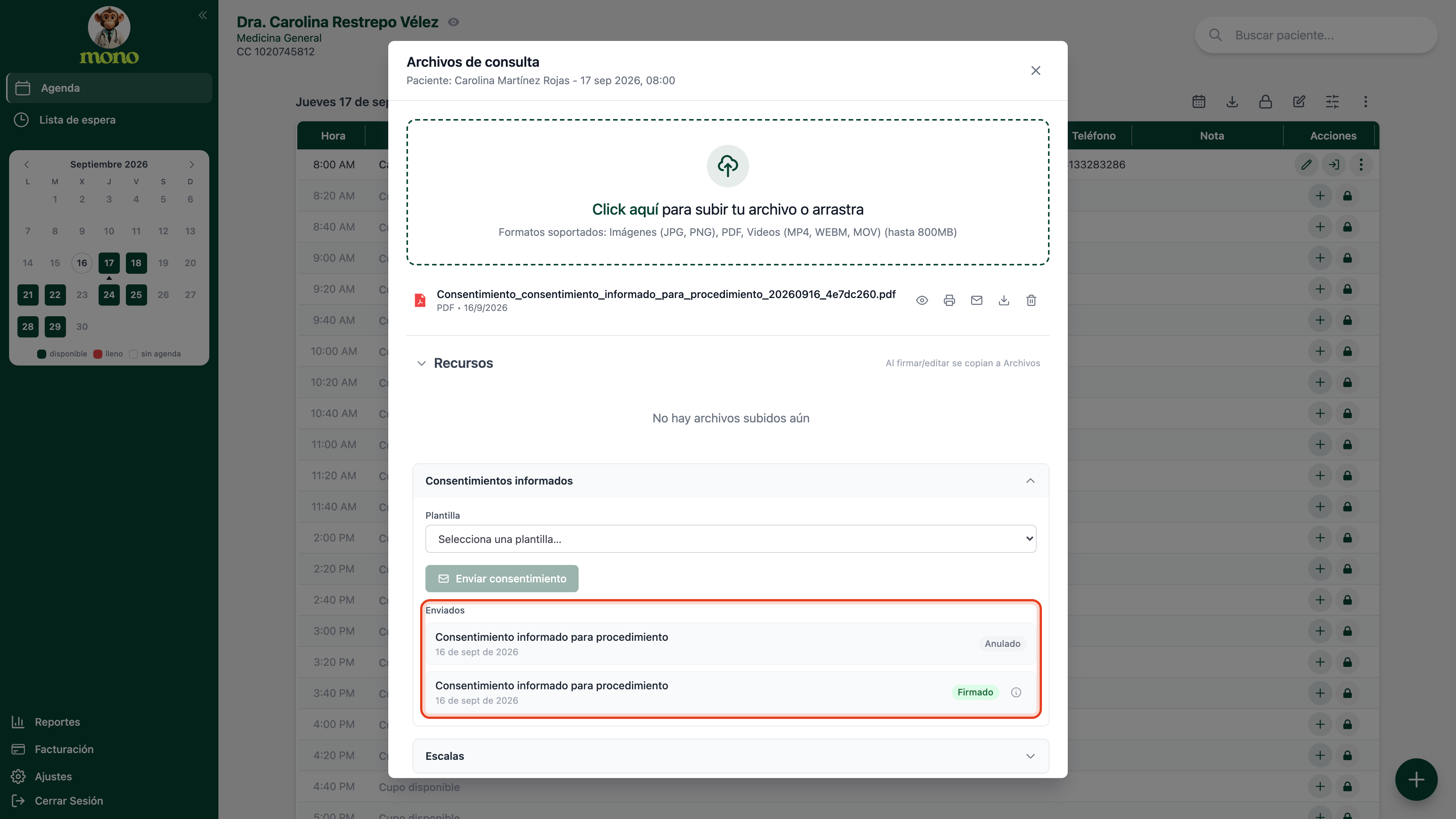 Lista Enviados dentro de Consentimientos informados, con un consentimiento Anulado y otro Firmado junto a su ícono de auditoría