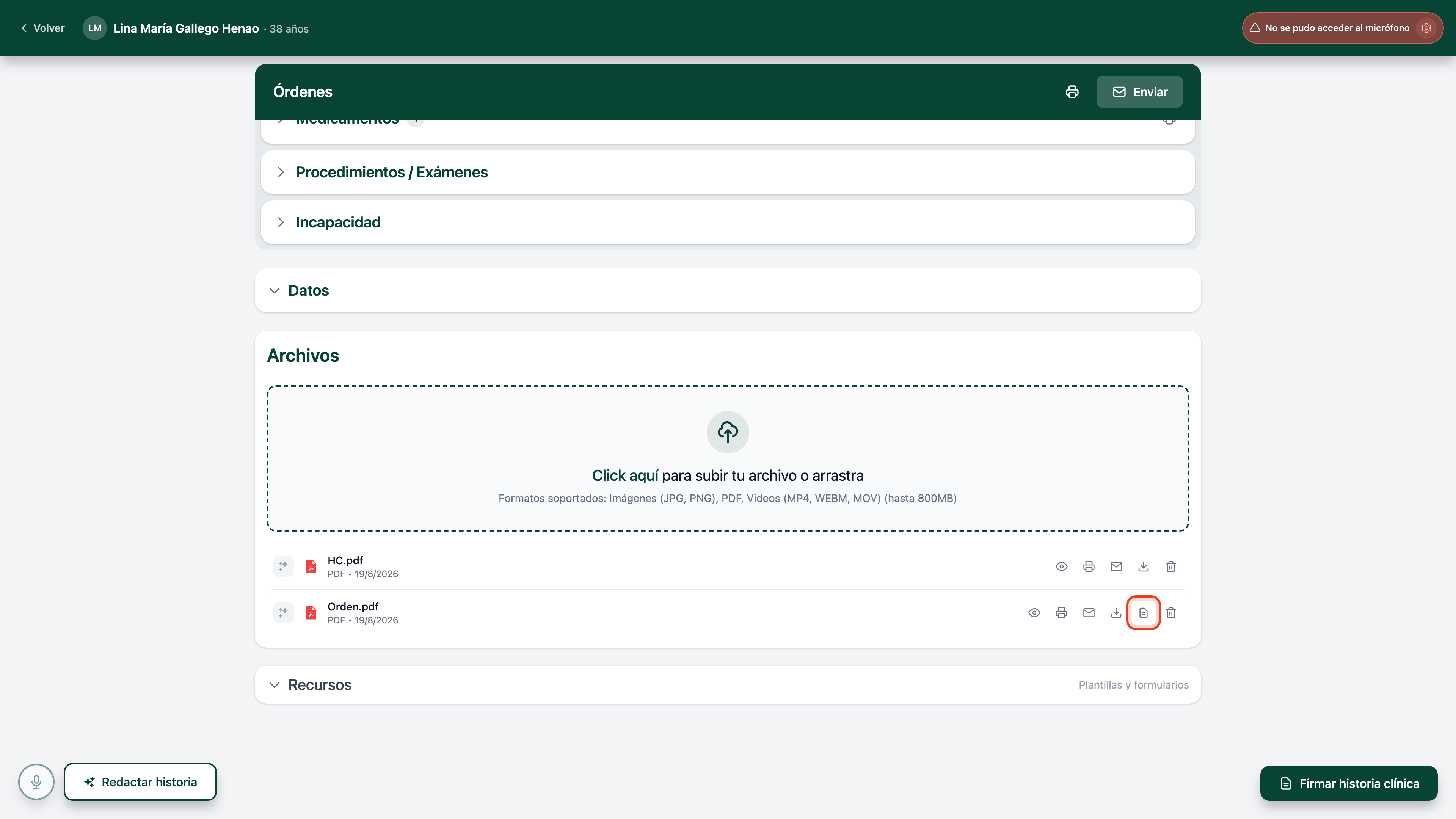 Tarjeta Archivos con HC.pdf y Orden.pdf; en la fila de Orden.pdf está resaltado el ícono de documento, en oscuro porque la orden sí va a salir en la historia