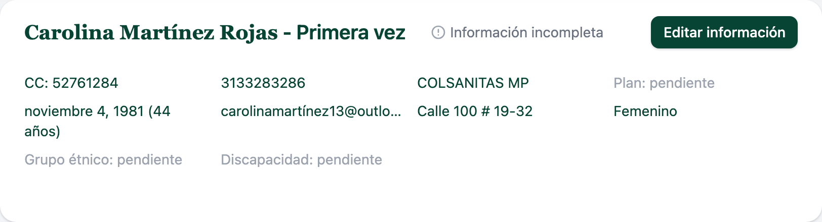 Tarjeta del paciente con nombre, CC, entidad COLSANITAS MP y el indicador "Información incompleta" junto al botón Editar información