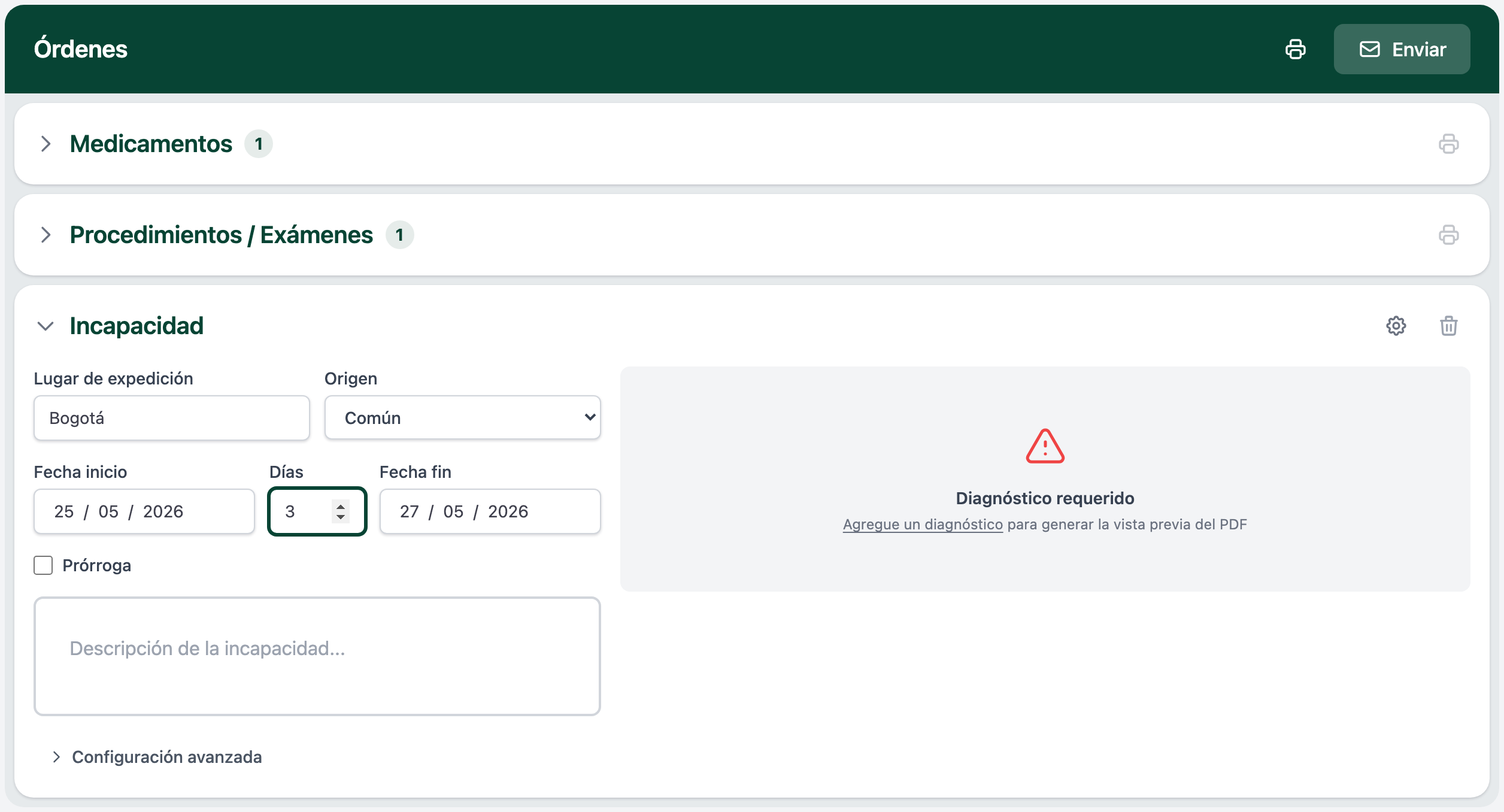 Sección Incapacidad mostrando el bloque Configuración avanzada colapsado al final del formulario