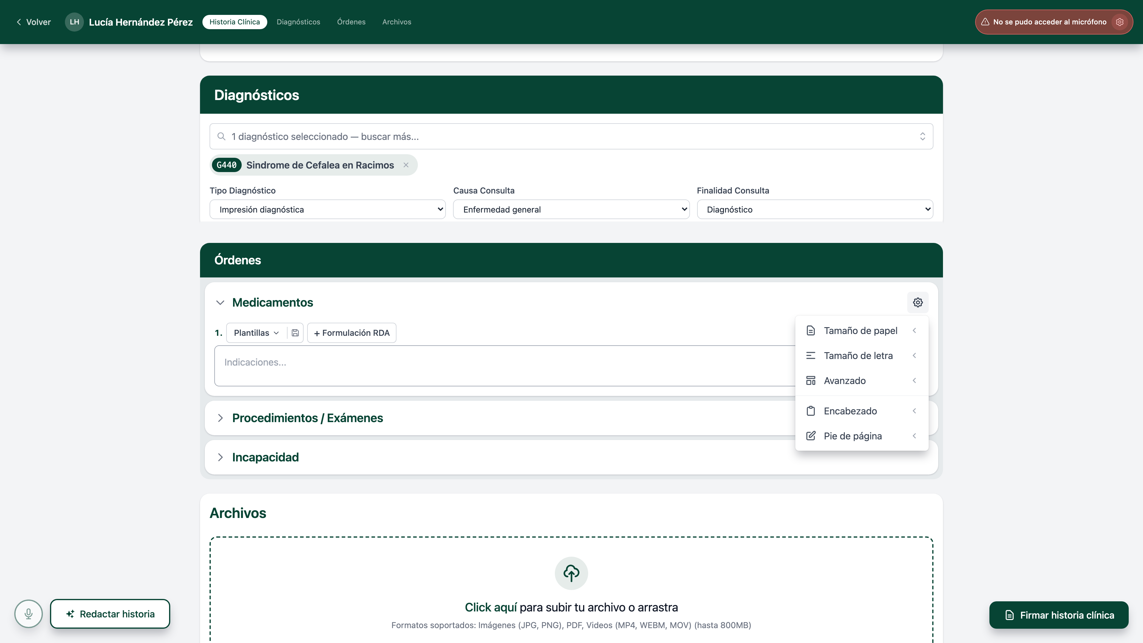 Acordeón Medicamentos con el panel de configuración abierto mostrando las opciones Tamaño de papel, Tamaño de letra, Avanzado, Encabezado y Pie de página