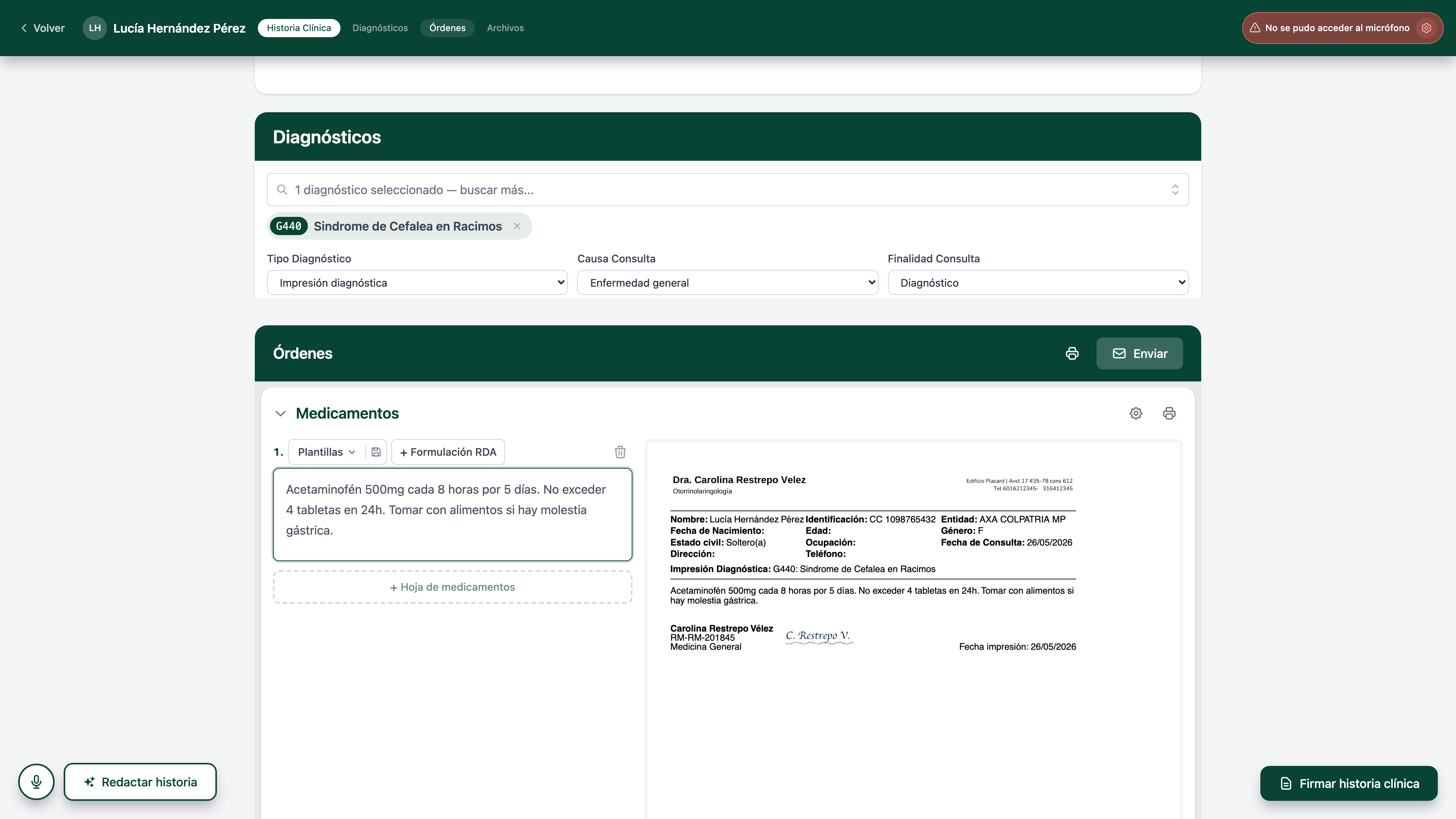 Sección Medicamentos con el texto Acetaminofén 500 mg, 1 tableta cada 8 horas por 5 días en la caja Indicaciones, el botón punteado + Hoja de medicamentos abajo y el aviso Diagnóstico requerido a la derecha
