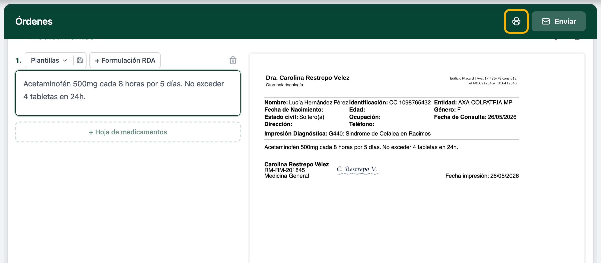 Encabezado de la sección Órdenes con el ícono de impresora resaltado en amarillo y el botón verde Enviar a la derecha