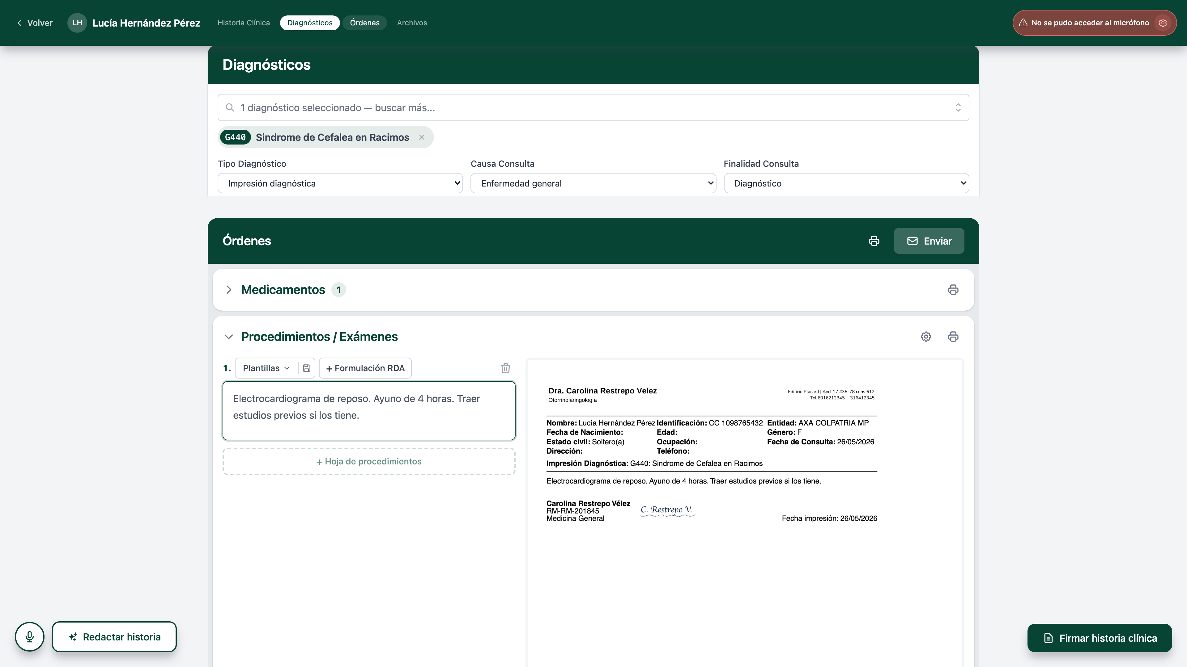 Sección Procedimientos / Exámenes con el texto Radiografía de tórax, proyecciones AP y lateral en la caja Indicaciones, el botón + Hoja de procedimientos abajo y el aviso Diagnóstico requerido a la derecha