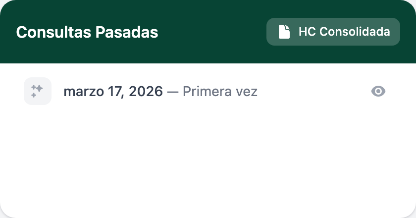 Tarjeta Consultas Pasadas con encabezado verde, el botón "HC Consolidada" arriba a la derecha y una entrada previa con la fecha y el tipo de cita