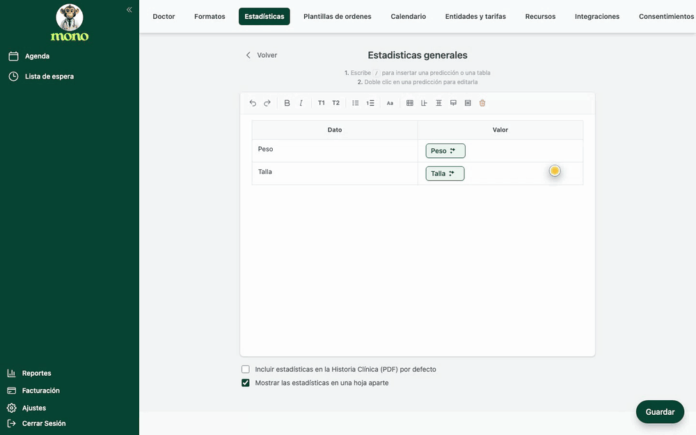 Recorrido completo: en Ajustes › Estadísticas se abre el formato, se hace doble clic en el campo Peso, se despliega Configuración avanzada, se marca la casilla Curva y se guarda con Guardar Cambios.