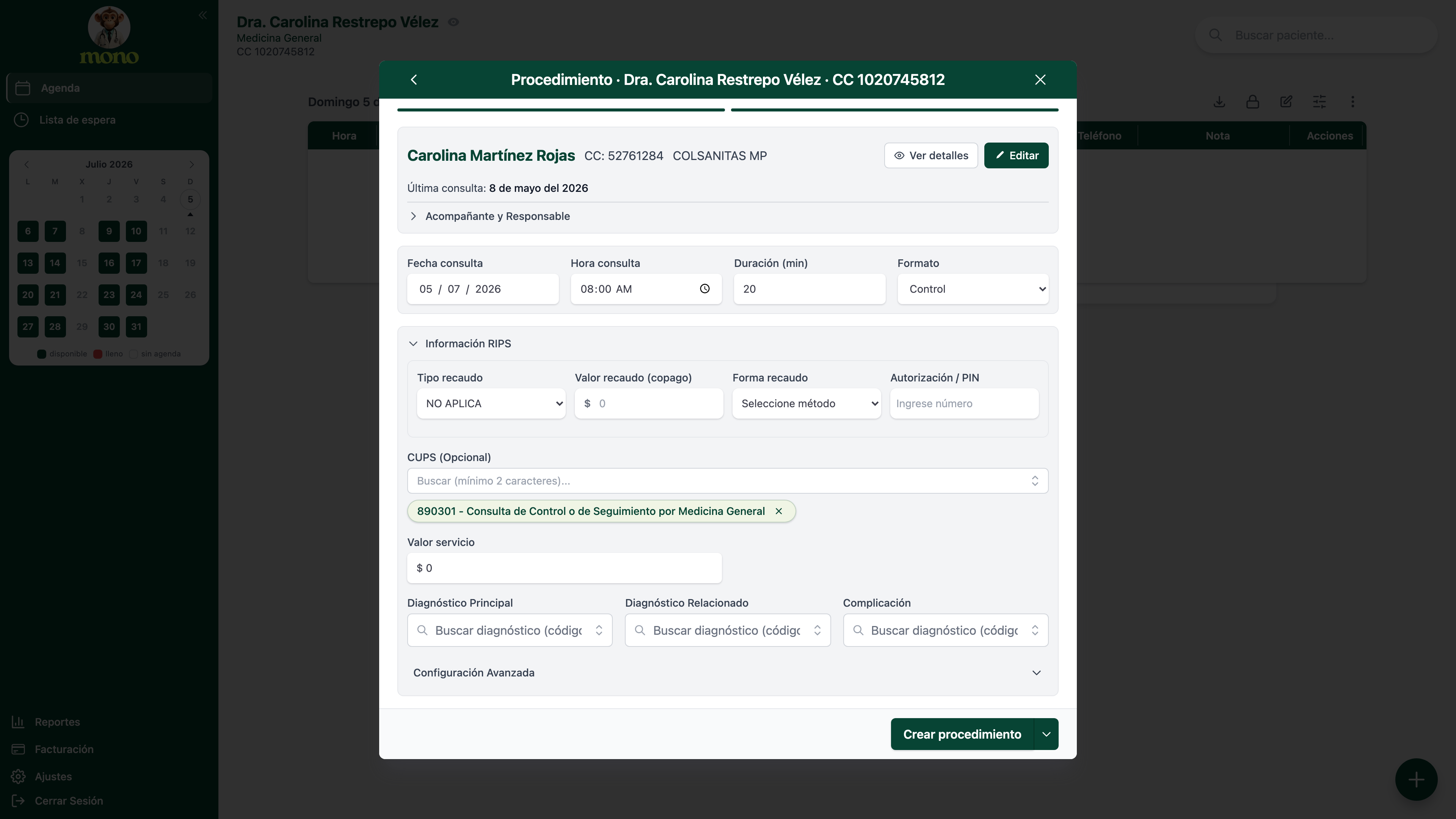 Ventana Procedimiento con los campos Fecha, Hora, Duración, Formato, sección Información RIPS con CUPS, Autorización/PIN, Valor servicio, Diagnóstico Principal/Relacionado/Complicación y el botón Crear procedimiento
