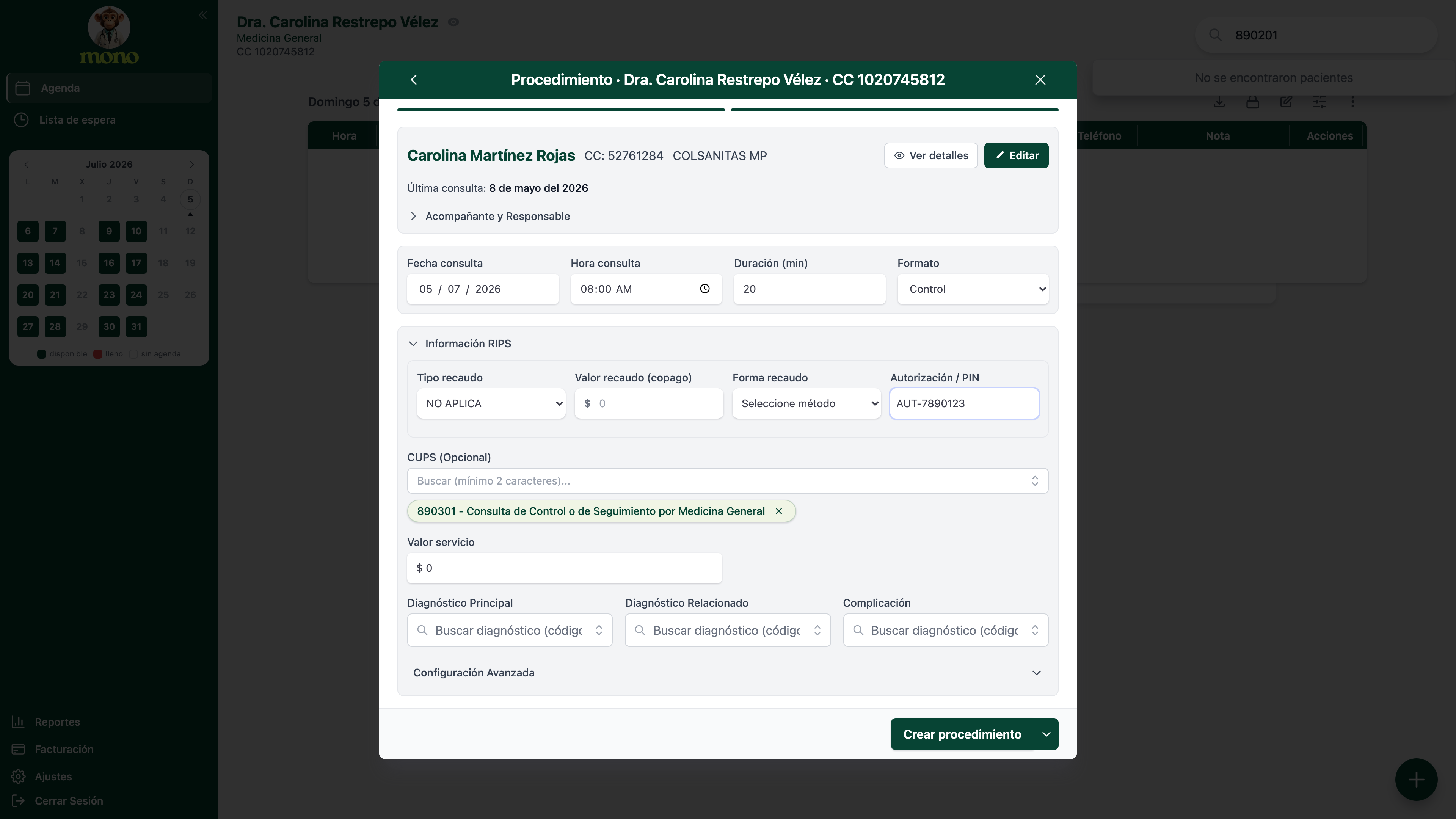 Ventana Procedimiento con el campo Formato, CUPS 890301 - Consulta de Control o de Seguimiento por Medicina General seleccionado, Autorización AUT-7890123, y los demás campos visibles