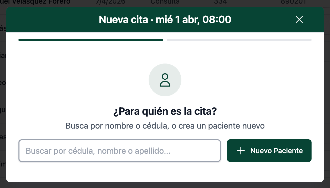 Ventana Nueva cita con el campo Buscar por cédula, nombre o apellido y el botón + Nuevo Paciente