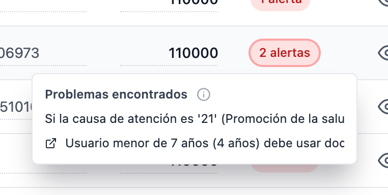 Pastilla roja "2 alertas" con la ventana Problemas encontrados abierta a su izquierda, mostrando dos problemas: causa de atención inconsistente con la finalidad, y documento que no aplica para menor de 7 años