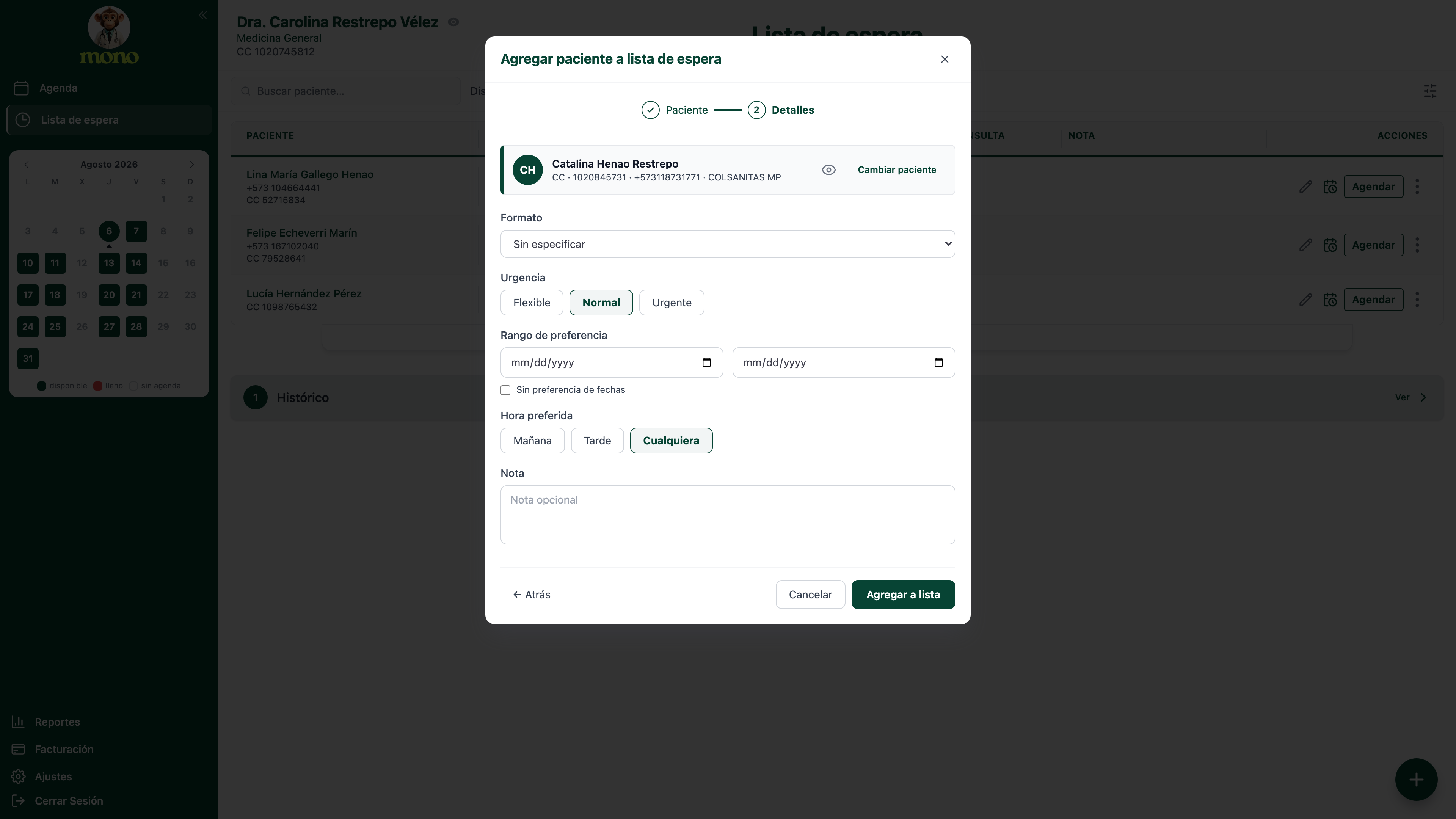 Paso Detalles con los campos Formato, Urgencia, Rango de preferencia, Hora preferida y Nota