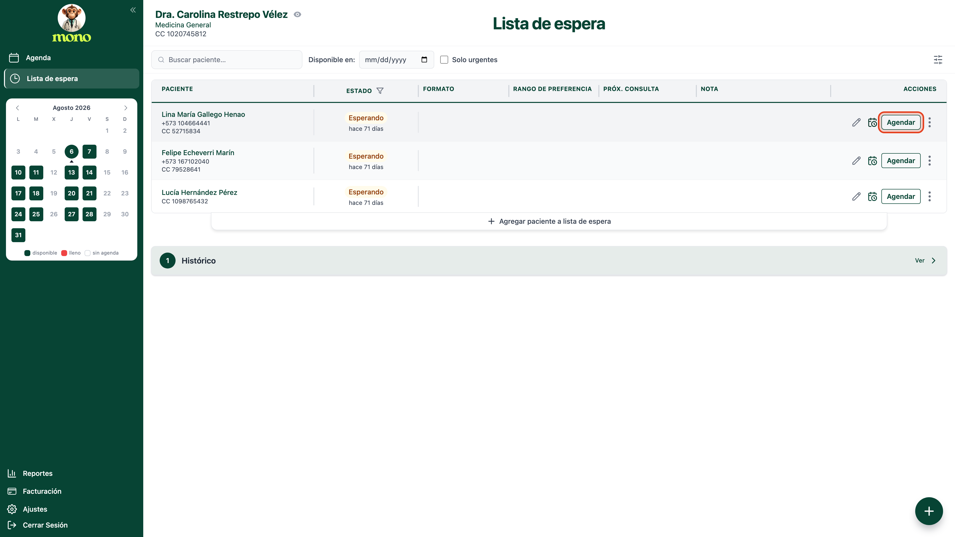 Lista de espera con el botón Agendar de la primera fila resaltado
