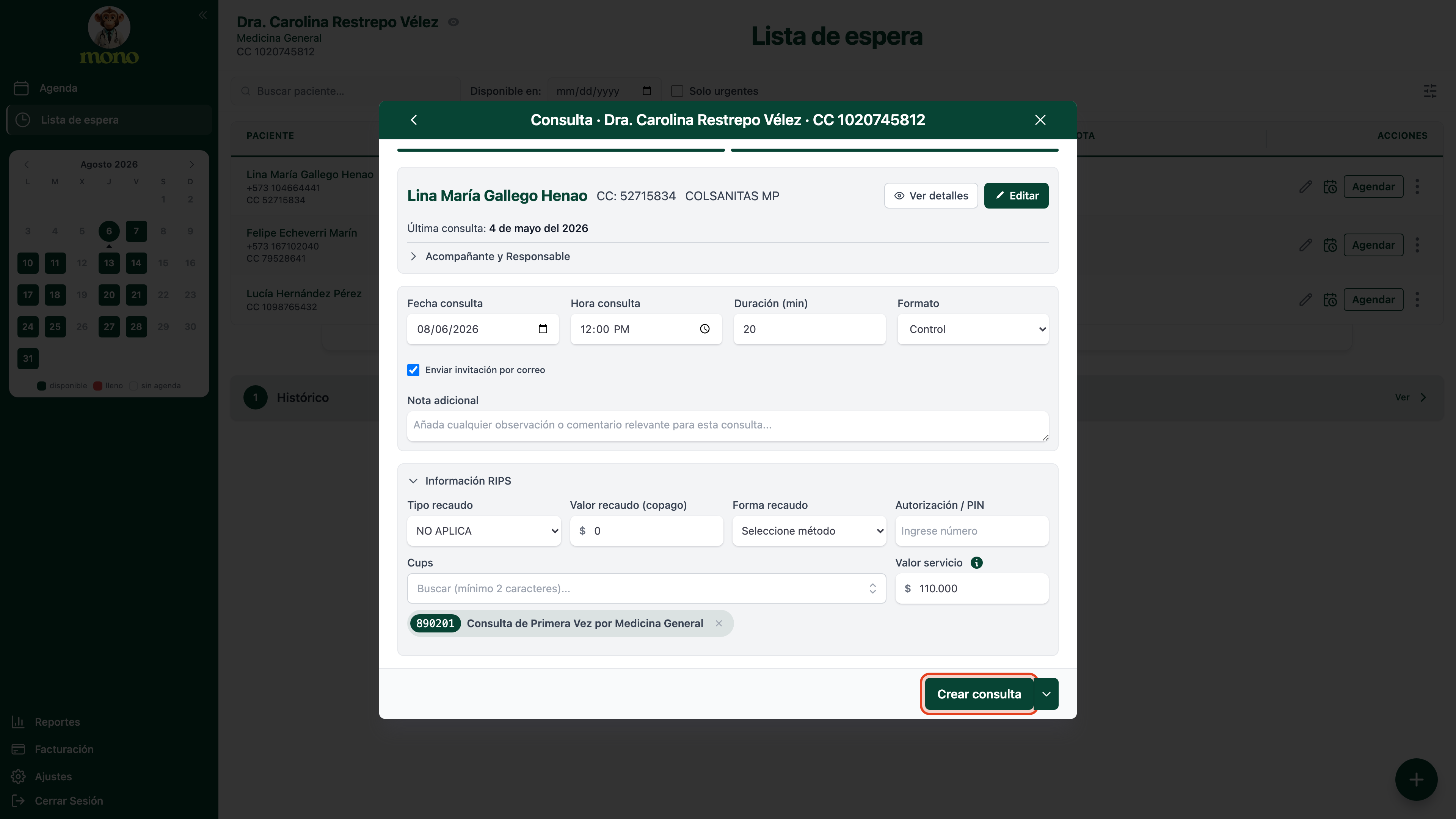Ventana Consulta con el botón Crear consulta resaltado abajo a la derecha