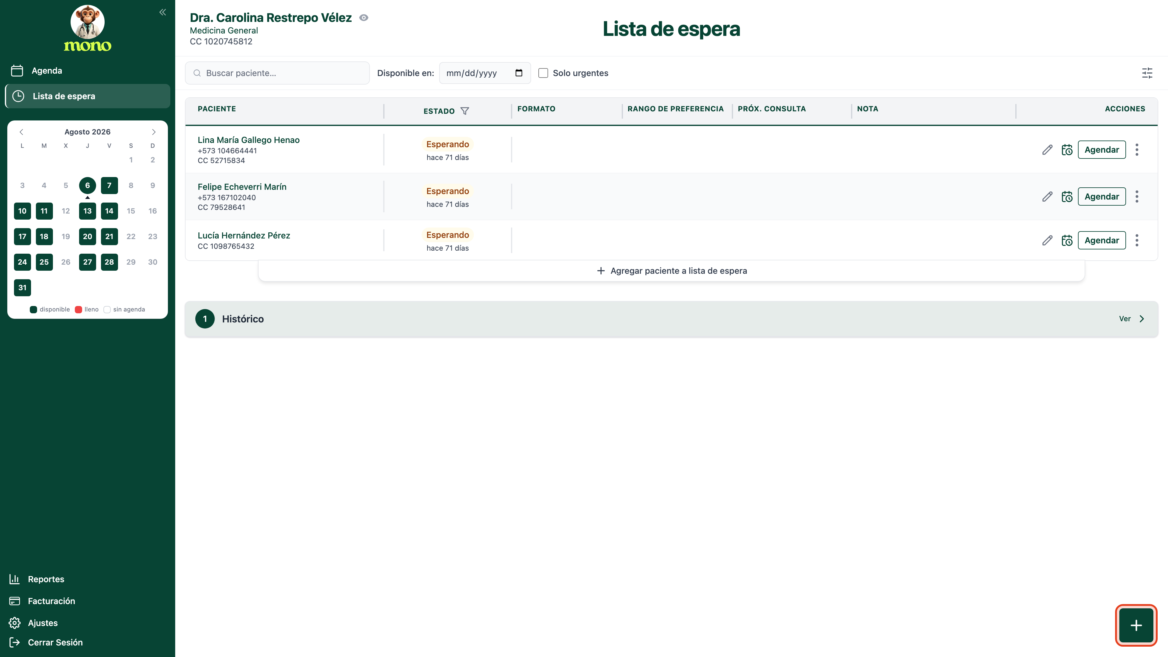 Pantalla de Lista de espera con el botón redondo + de la esquina inferior derecha resaltado