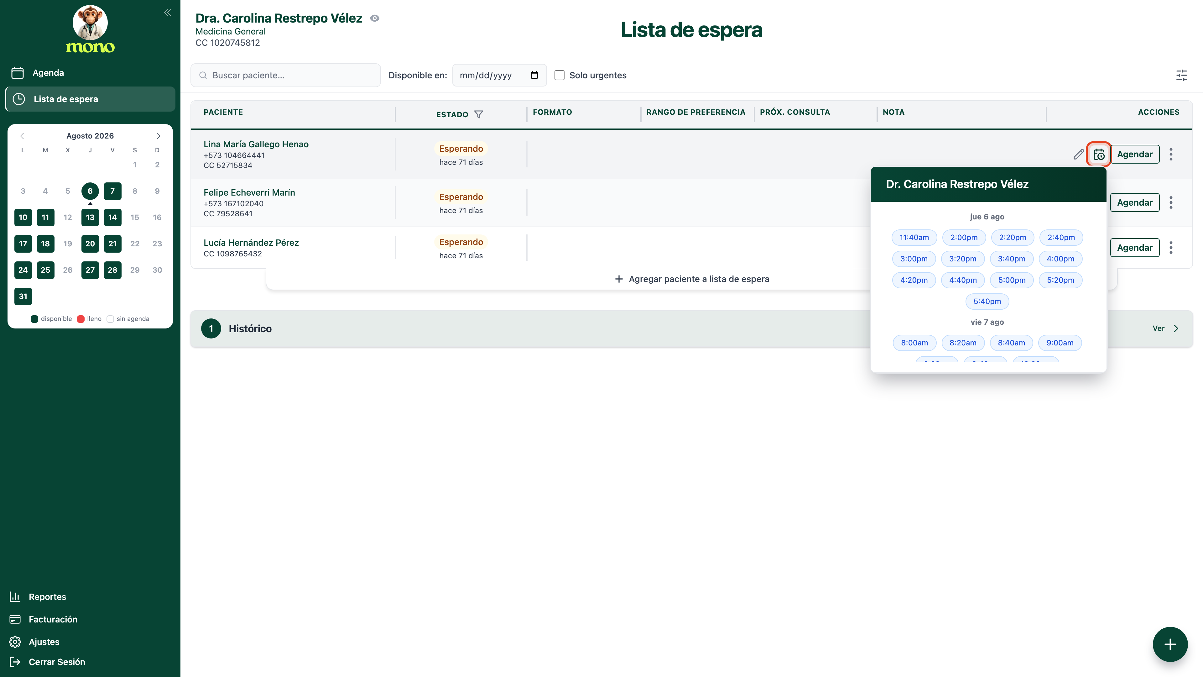 Lista de espera con el icono del calendario resaltado y la ventana de cupos disponibles abierta al lado